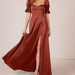 A10 AZAZIE HARLIE A-LineSweetheart Neckline StretchSatin Floor Length Terracotta